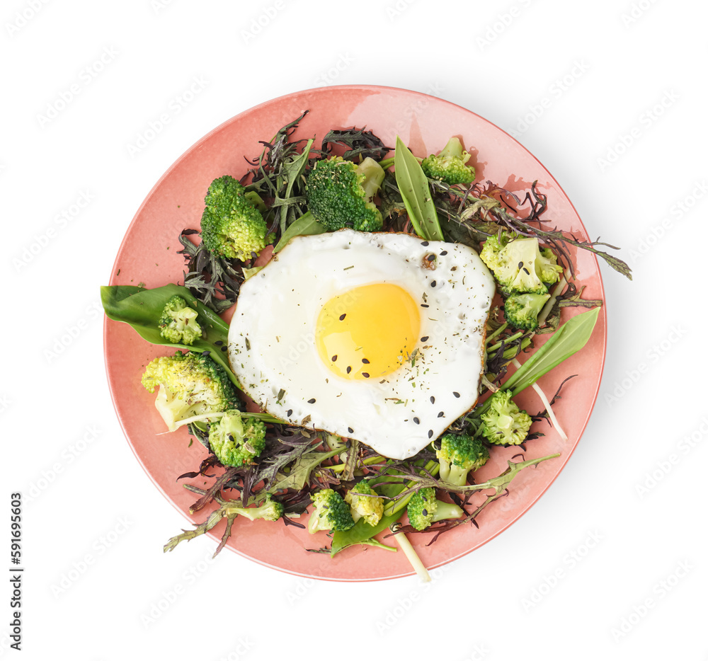 Plate with tasty fried egg and salad on white background