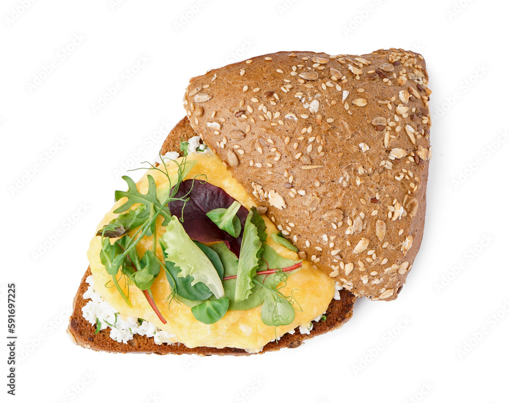 Tasty scrambled eggs sandwich and greens on white background