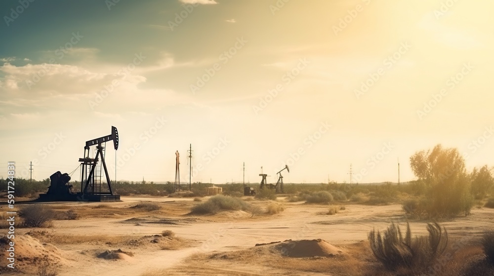 Working oil pumps in desert place. Natural resources industry. Oil rig in dunes. Generative AI