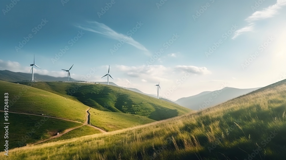 Power generating windmills on green hills. Renewable energy concept. Generative AI