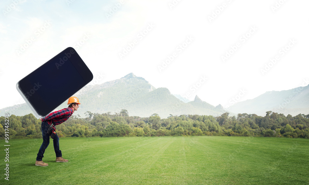 Builder man carry huge smartphone