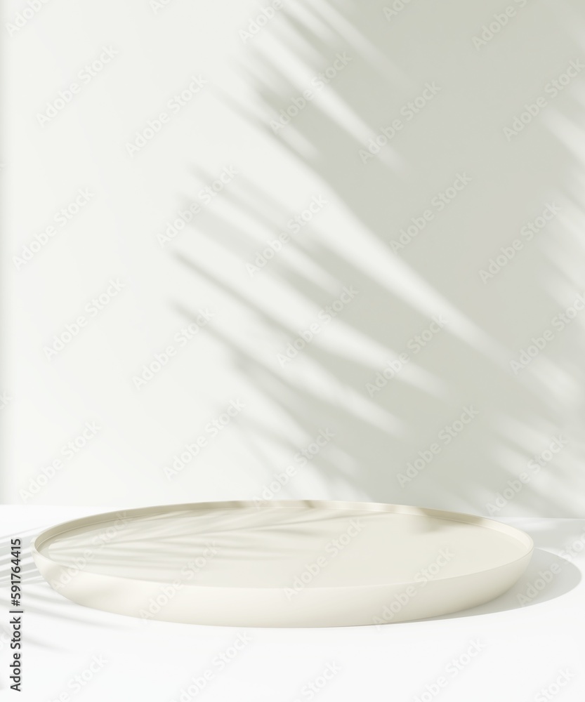 Round cream podium, green tropical palm in sunlight, leaf shadow for on white table countertop, wall