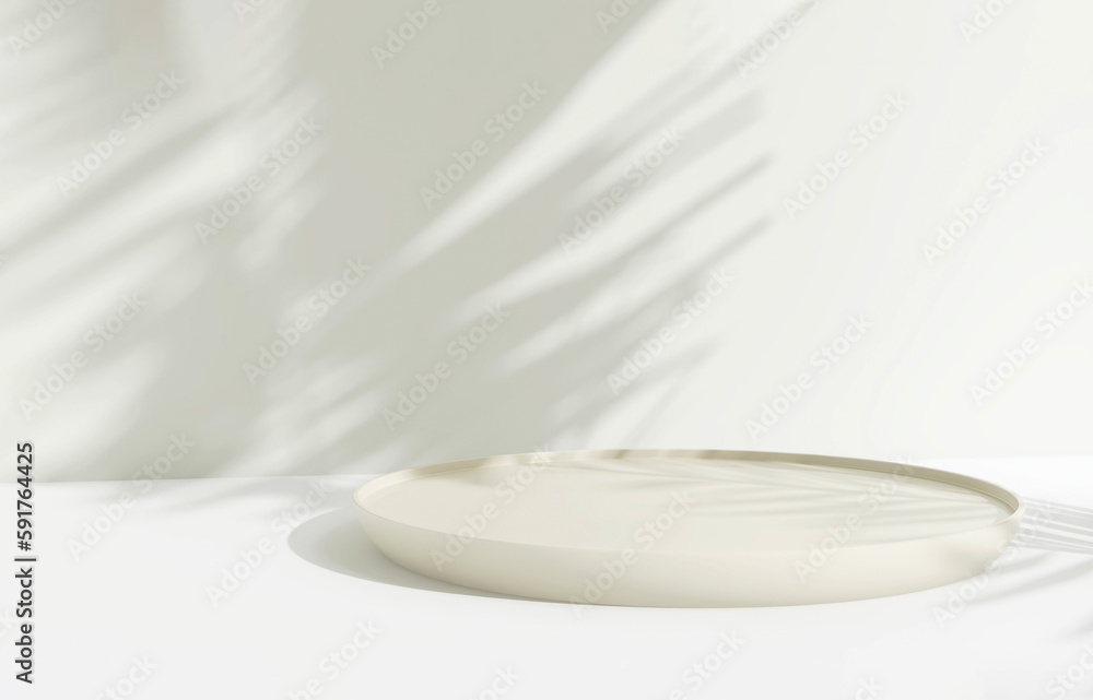 Round cream podium, green tropical palm in sunlight, leaf shadow for on white table countertop, wall