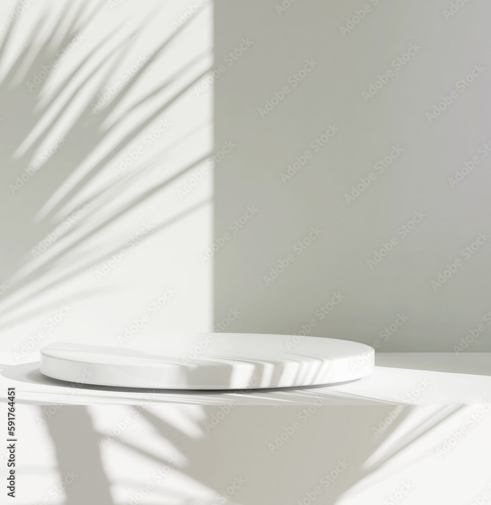 Smooth round white podium in sunlight, tropical palm leaf shadow for on white table countertop, wall