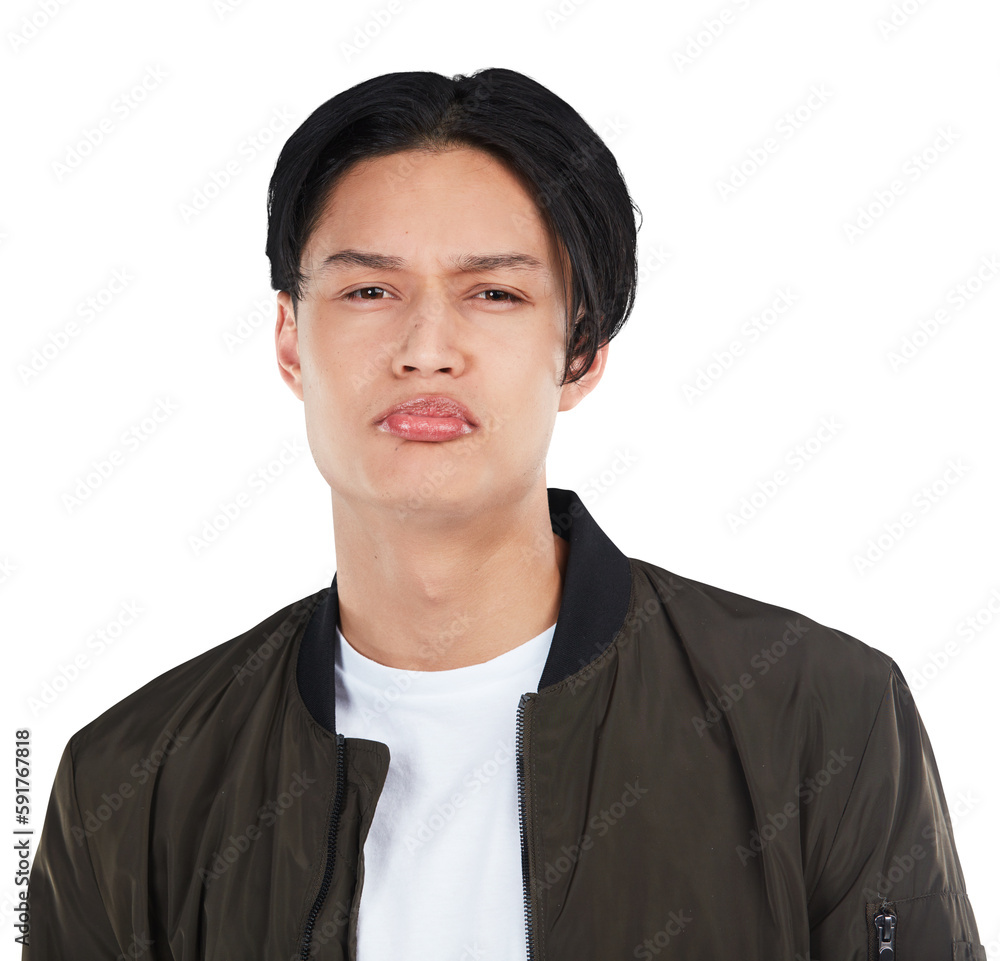 Sad, upset and portrait of an Asian man on an isolated and transparent png background with a depress