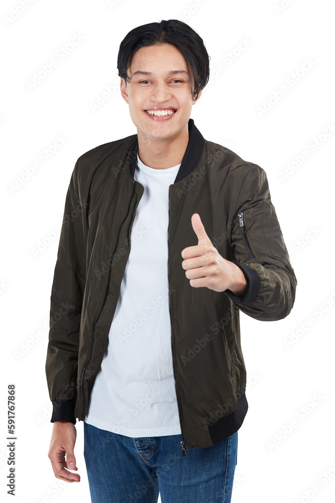 Thumbs up, success and portrait of man on a isolated, transparent png background. Ok hand gesture, l