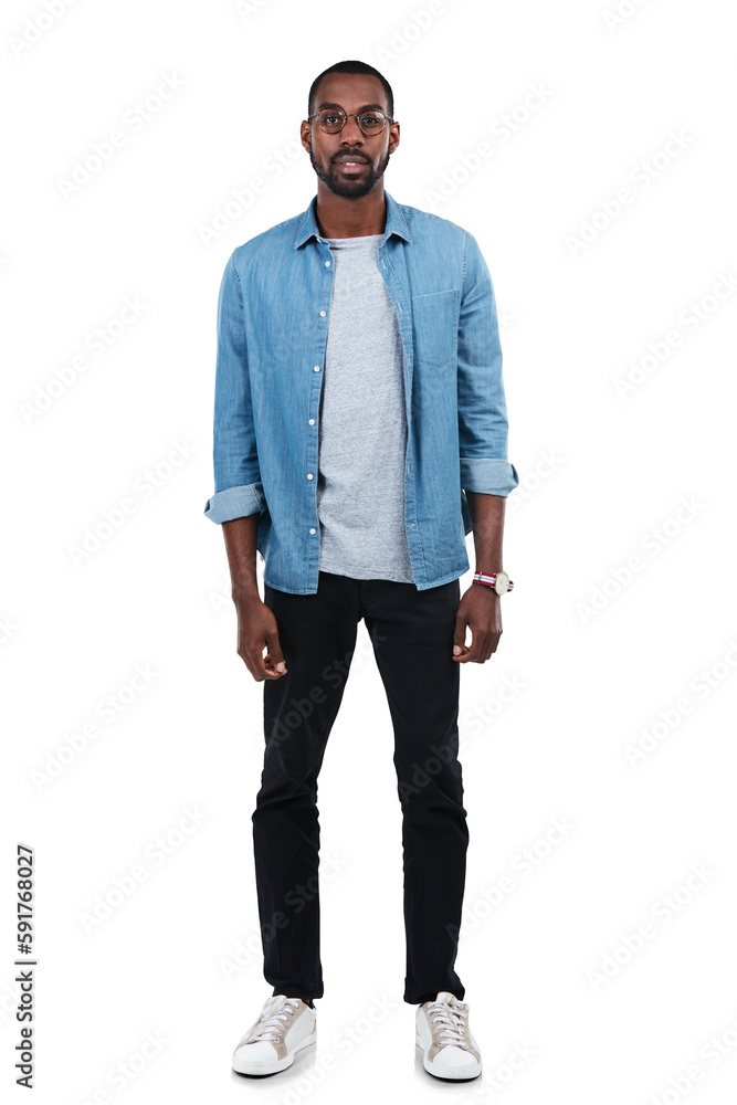 Portrait, fashion and a model black man on an isolated and transparent png background for denim clot