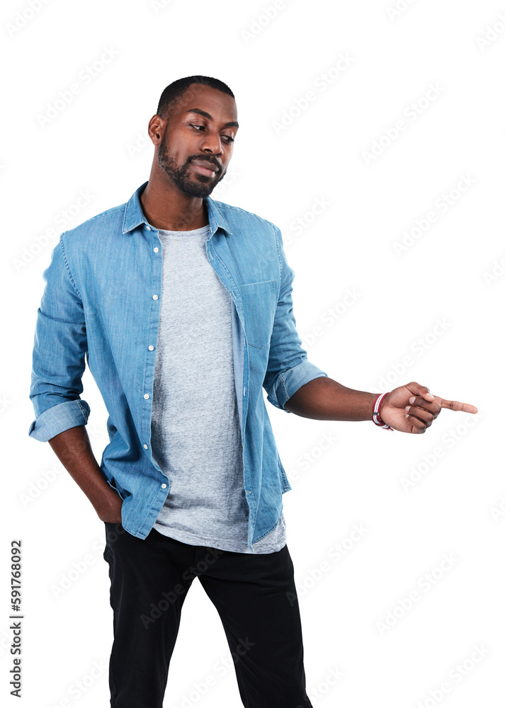 Idea, pointing and portrait of black man for question and deal on an isolated and transparent png ba