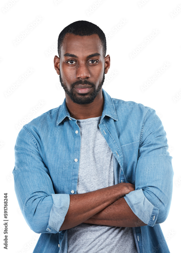 Portrait of black man with serious confidence on an isolated and transparent png background in denim