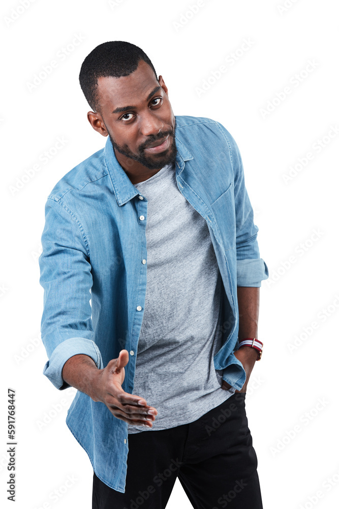 Portrait, handshake and black man on an isolated and transparent png background. Thank you, greeting