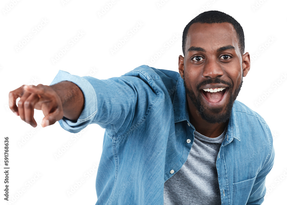 Portrait, black man and pointing for decision with smile on an isolated and transparent png backgrou