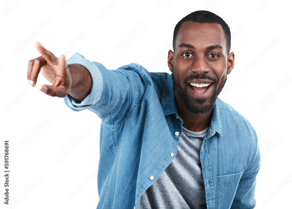 Black man, portrait and pointing for happiness, excited or motivation on an isolated and transparent