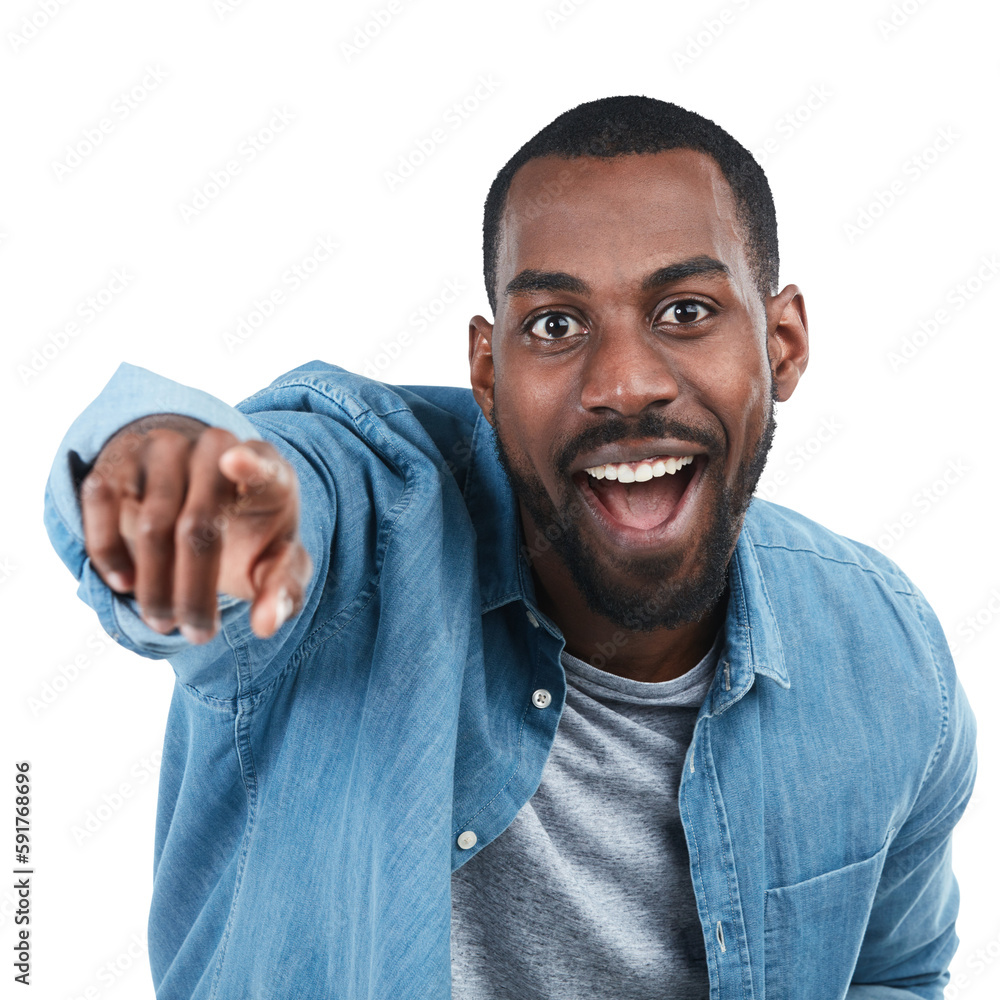 Black man, pointing and portrait with smile, excited and motivation on an isolated and transparent p