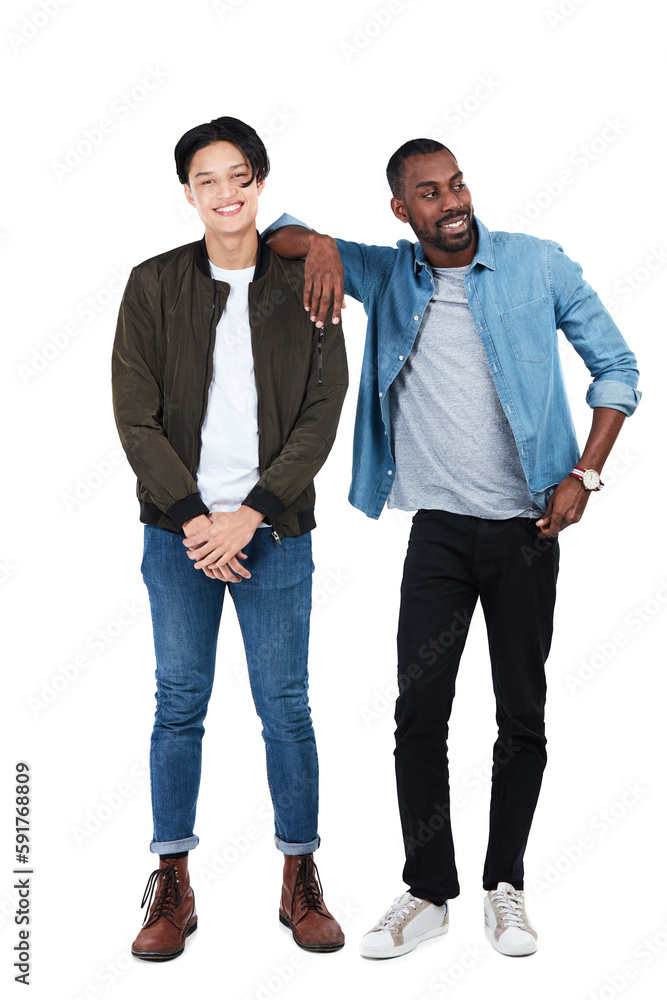 Trendy men and friends portrait on an isolated and transparent png background in full body with edgy