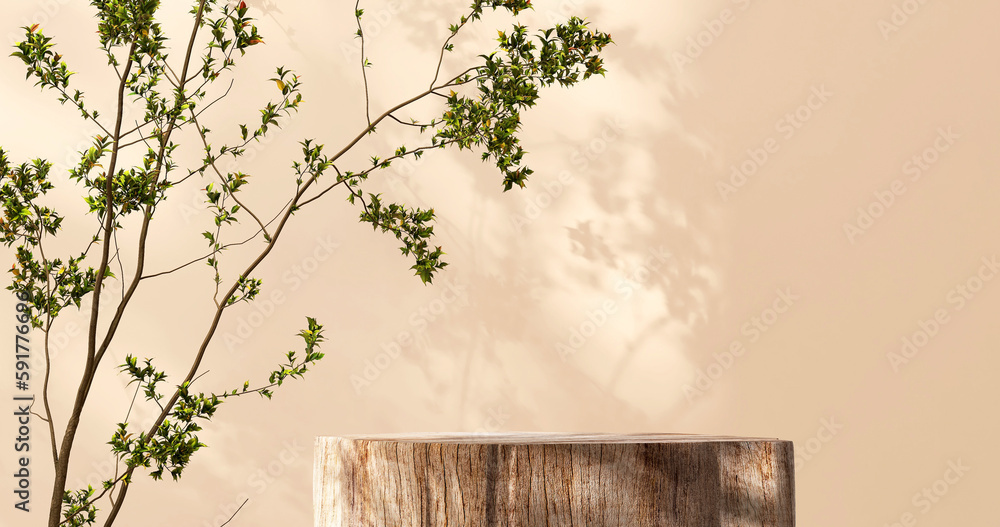 Minimal, natural log wood podium table, tropical tree in dappled sunlight, leaf shadow in blank brow