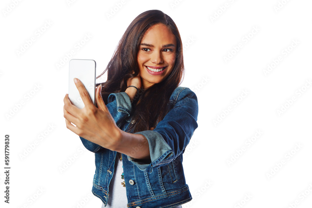 Happy model, fashion and selfie on an isolated and transparent png background for social media, prof