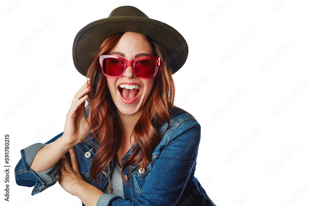 Woman, fashion and glasses with hat, smile or excited face on an isolated and transparent png backgr