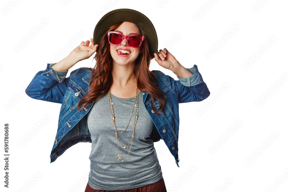 Woman, portrait and fashion sunglasses or tongue, hat or denim jacket on an isolated and transparent