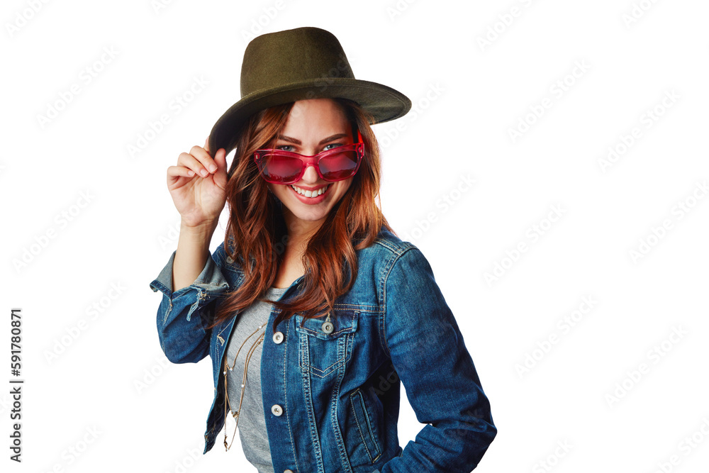 Woman, portrait or fashion sunglasses on an isolated and transparent png background for trendy, cool