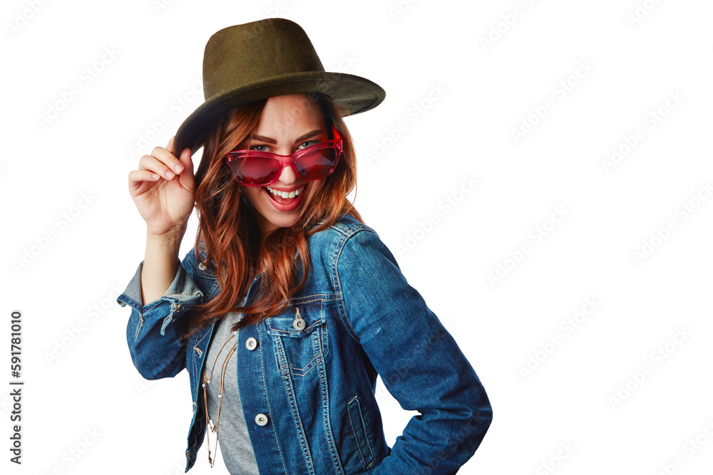 Happy woman, portrait or fashion denim jacket with sunglasses or hat on an isolated and transparent 