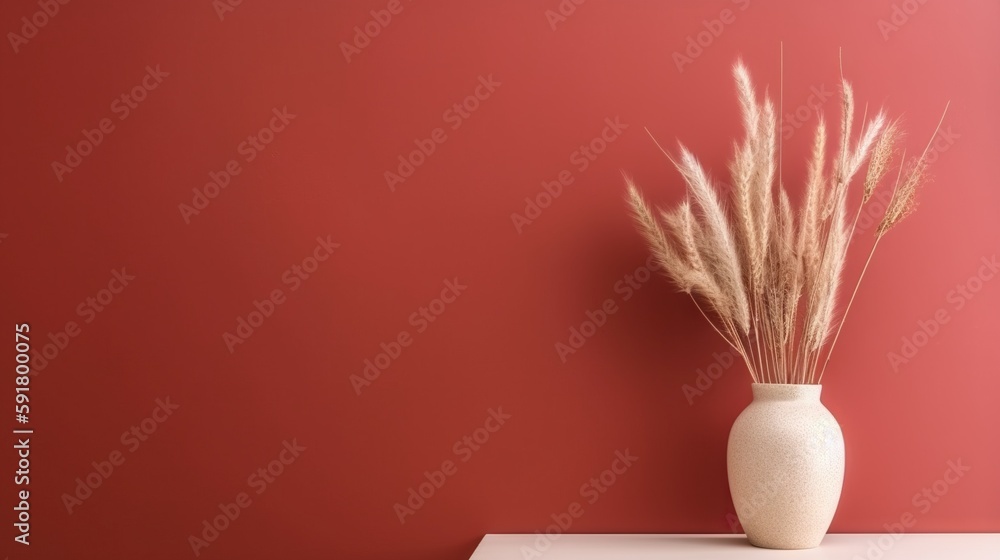 Vase with decorative plant branch against red wall background. Minimalist interior mockup. Generativ