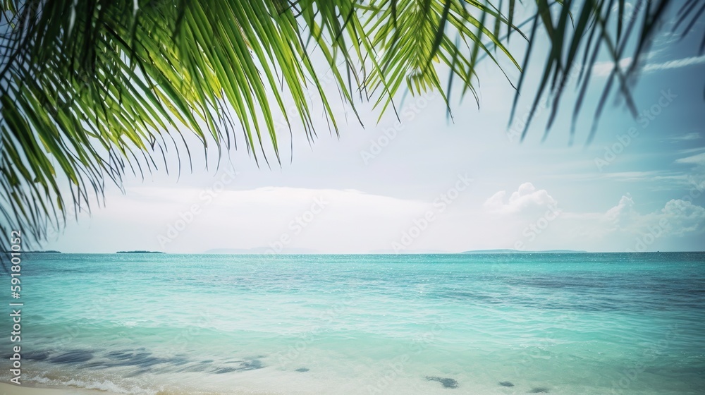 Tropical summer seascape with palm leaves, beach and paradise ocean. Vacation and travel backdrop. G