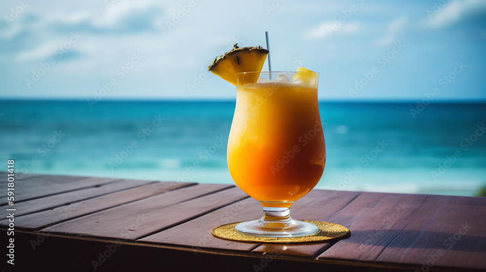 Dirty Monkey cocktail on background with blue sea and sky tropical background. Generative AI