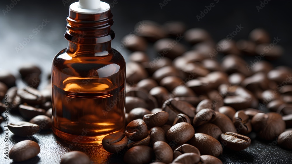 Skincare caffeine eye serum. Product bottle and coffee beans on a dark background. Natural, organic,