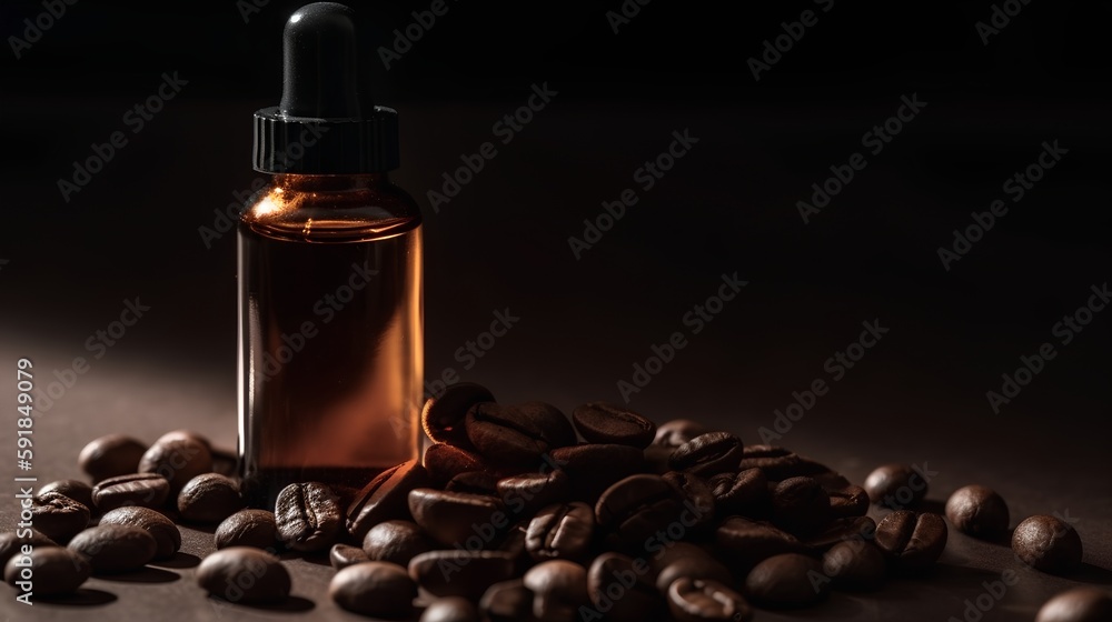 Skincare caffeine eye serum. Product bottle and coffee beans on a dark background. Natural, organic,