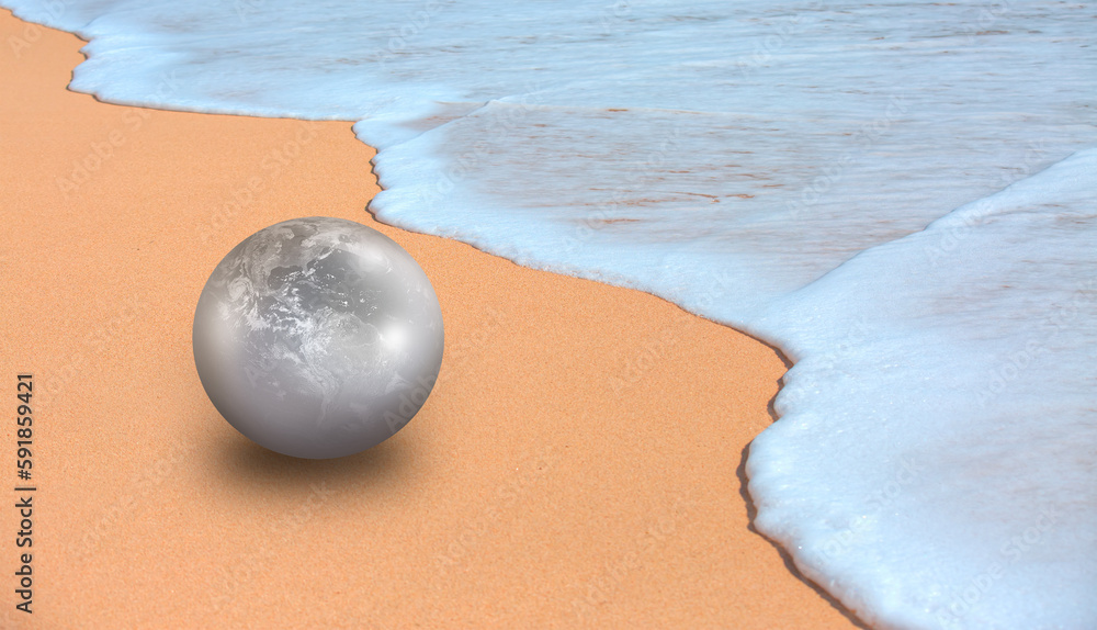 Planet Earth is pearl shaped and on the beach - Glass globe (Earth) inside pearl  Element s of this 