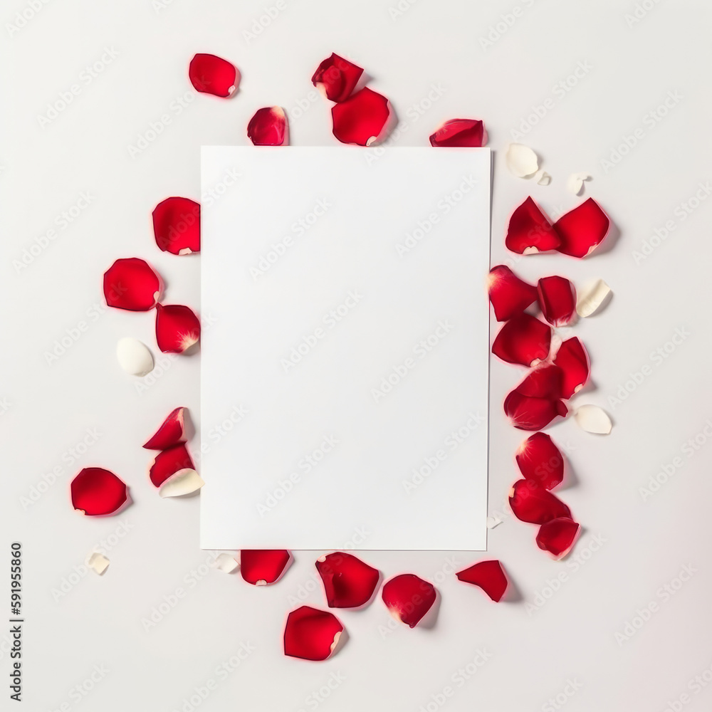 Empty white card mockup on rose petals background. Illustration AI Generative