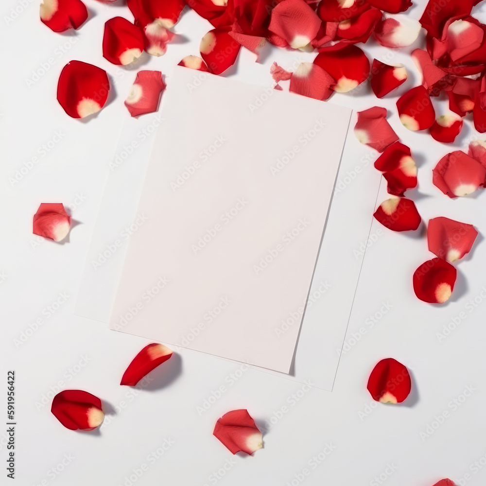 Empty white card mockup on rose petals background. Illustration AI Generative