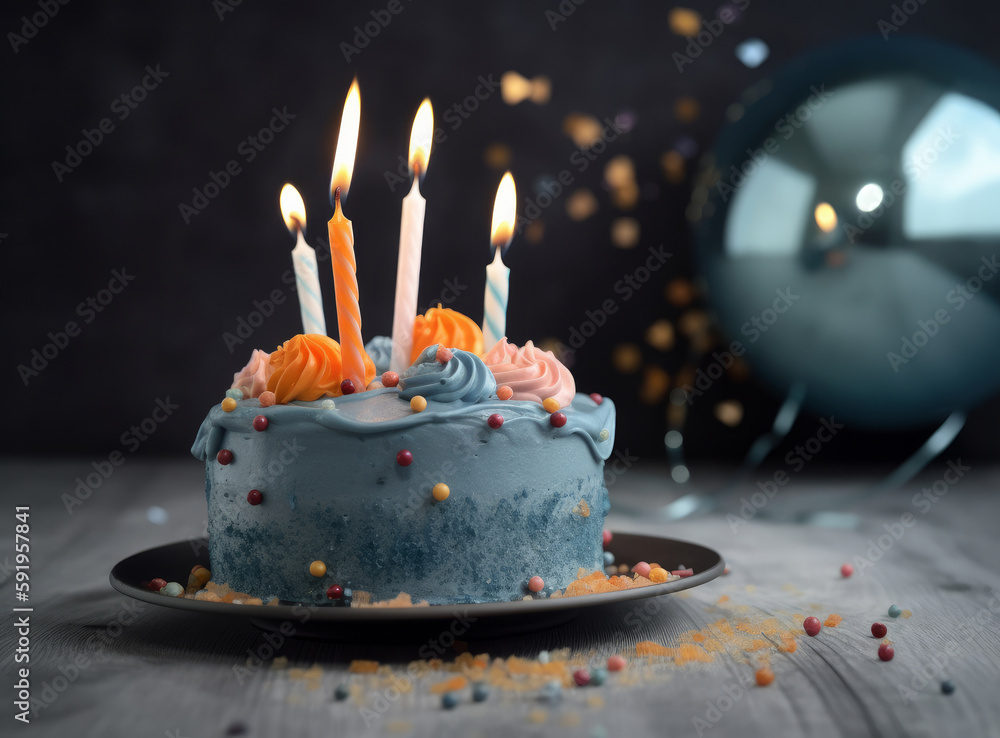 Happy Birthday Background with Cake. Illustration AI Generative.