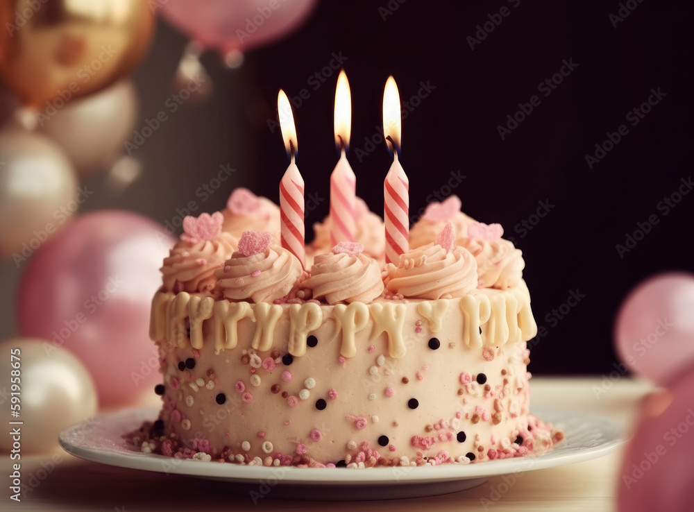 Happy Birthday Background with Cake. Illustration AI Generative.