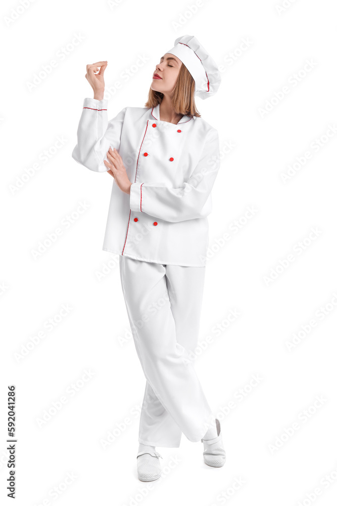 Female baker in uniform on white background