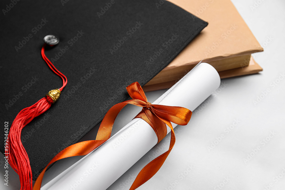 Diploma with red ribbon, graduation hat and book on white background