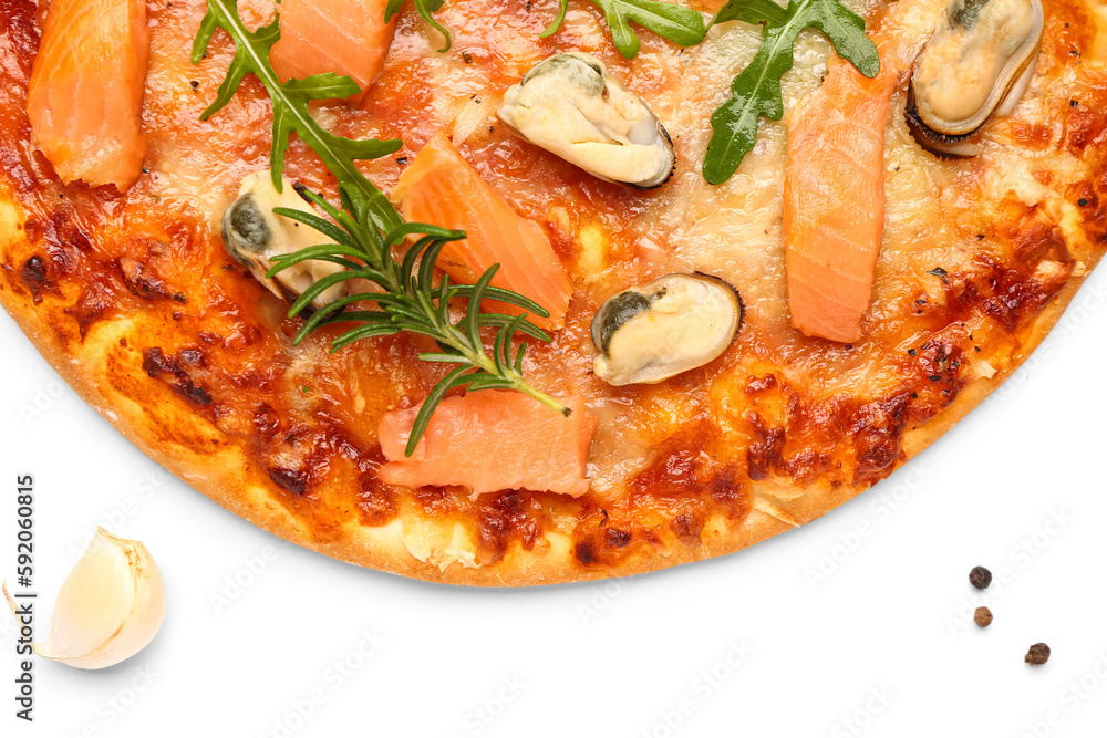 Tasty seafood pizza isolated on white background, closeup