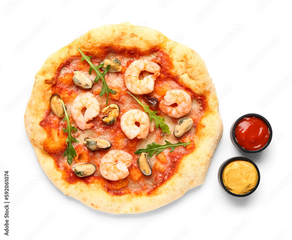 Tasty seafood pizza and sauces isolated on white background