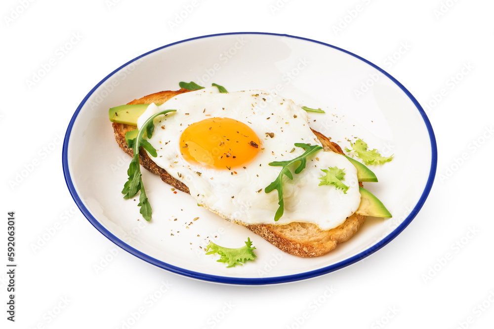 Delicious sandwich with fried egg, avocado and arugula on white background