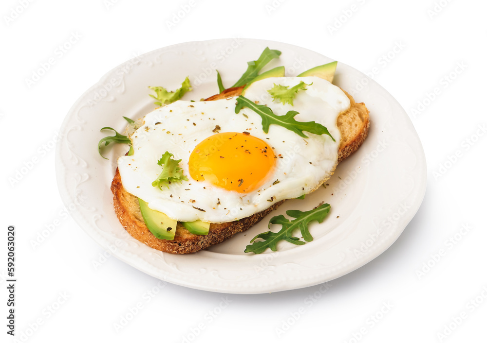 Delicious sandwich with fried egg, avocado and arugula on white background