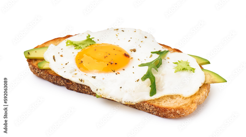 Delicious sandwich with fried egg, avocado and arugula on white background