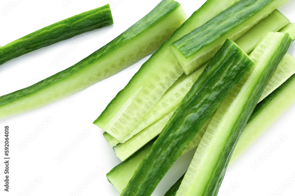 Fresh cut cucumber isolated on white background, closeup