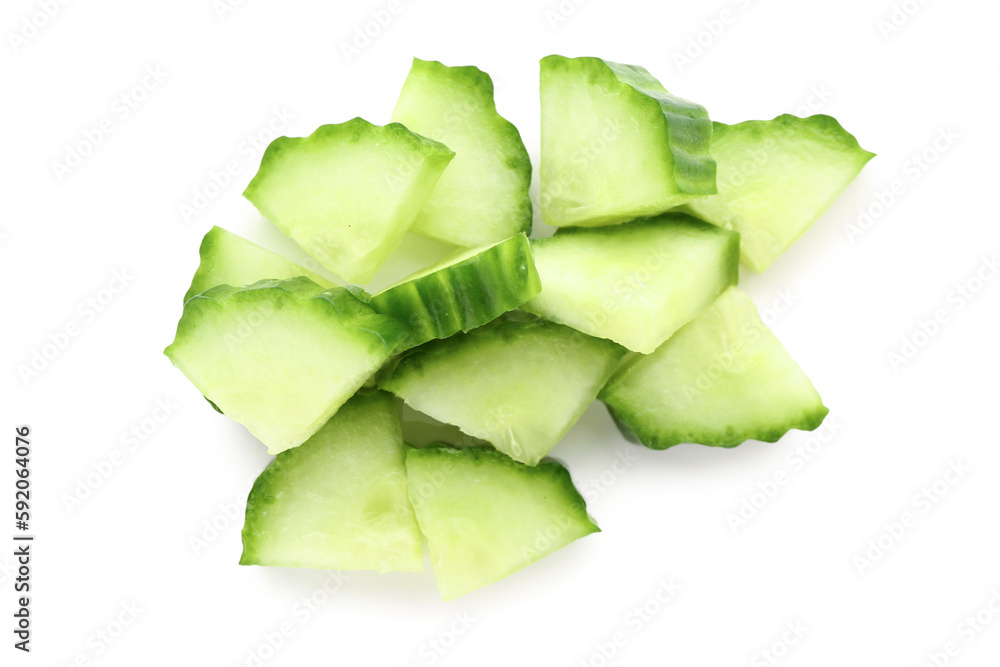 Pieces of fresh cut cucumber isolated on white background