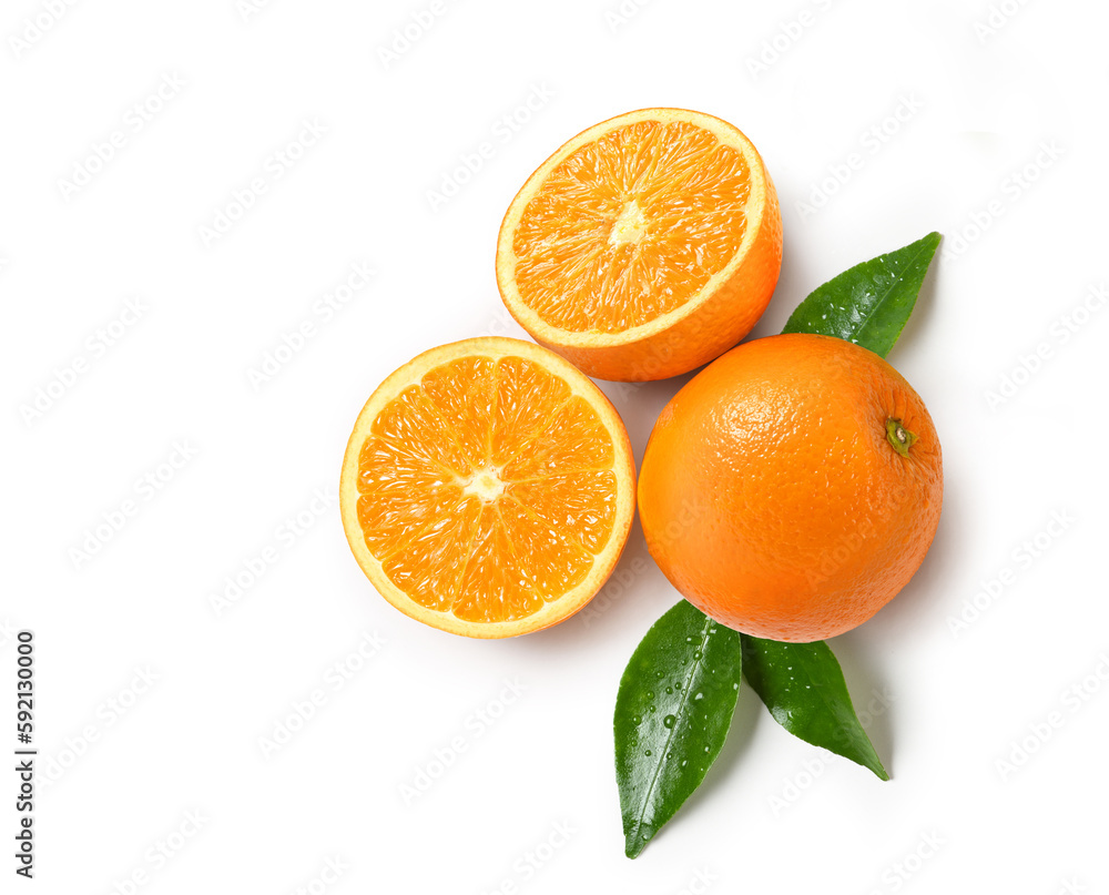 Top view of fresh oranges with cut in half isolated on white background. Clipping path.