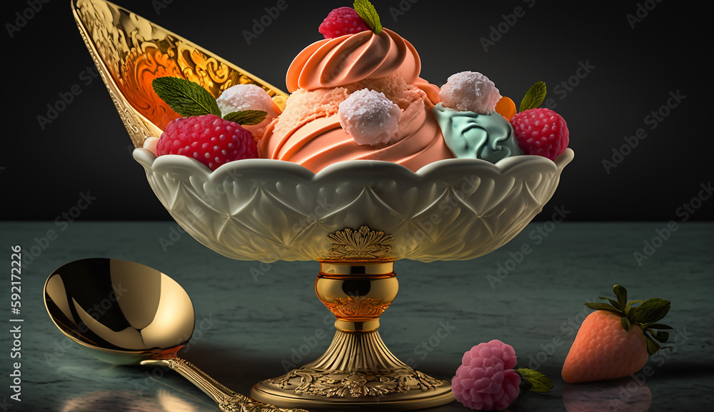 Sorbet in a fancy dish. Generative AI