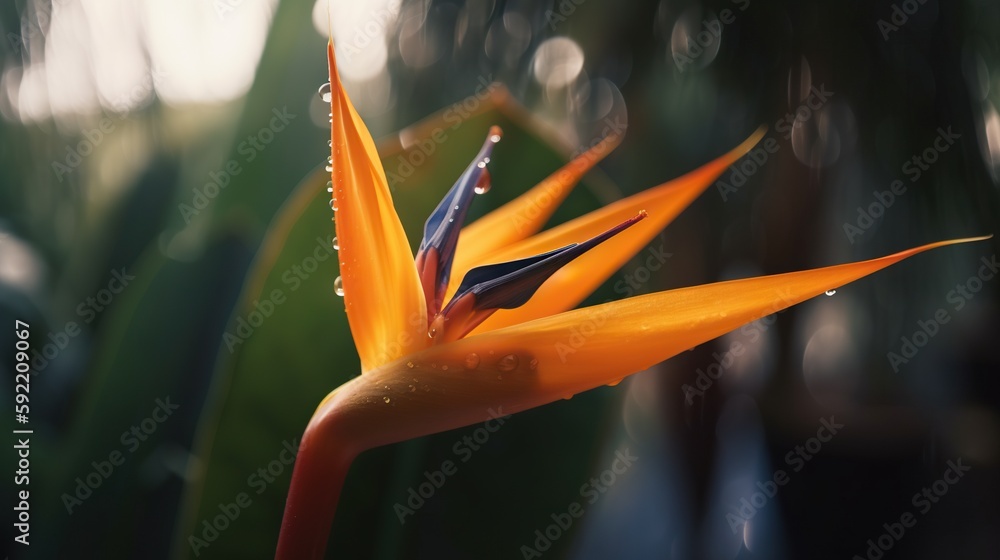 Closeup of Strelitzia reginae tropical plant leaves with rain drops. Green natural backdrop. Generat