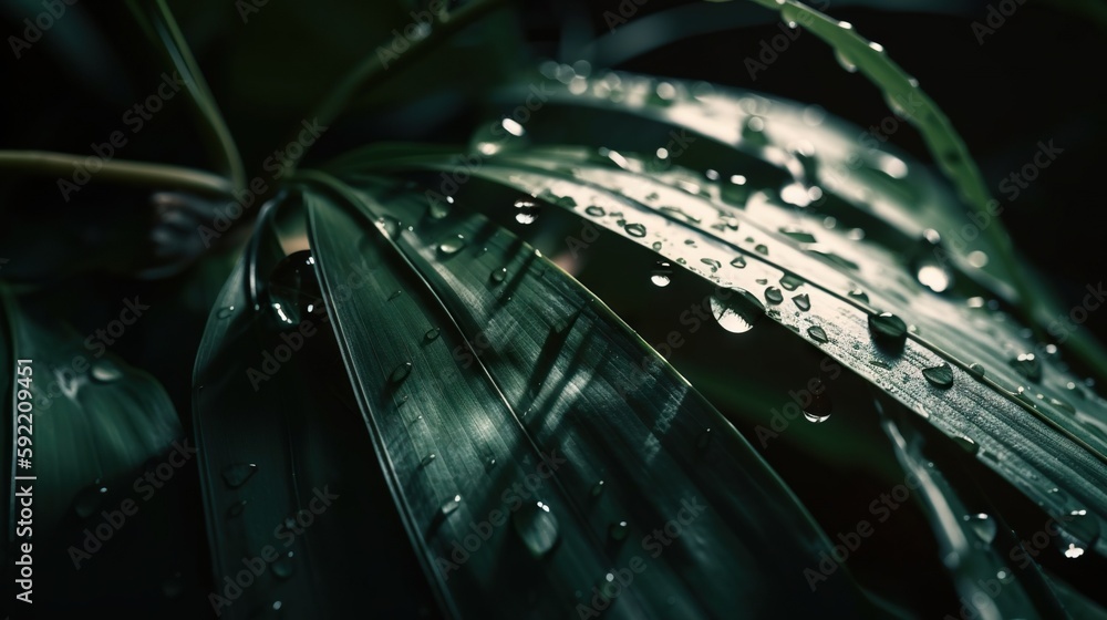 Closeup of palm tropical plant leaves with rain drops. Green natural backdrop. Generative AI