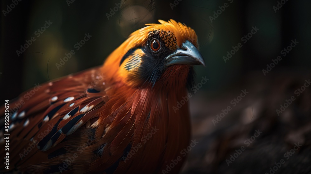 Golden pheasant close up with forest background. Generative AI