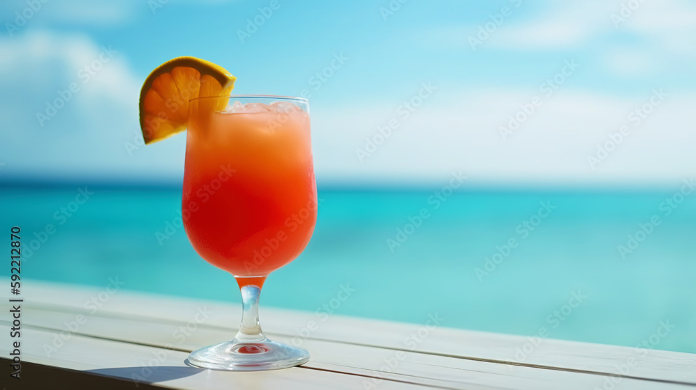 Superman cocktail on background with blue sea and sky tropical background. Generative AI