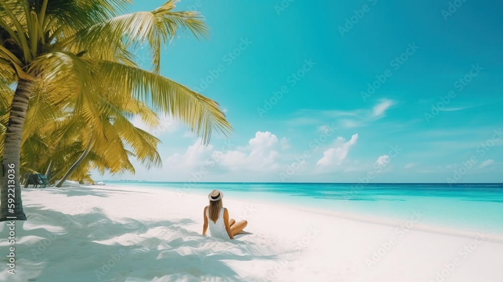 Woman relaxing on tropical beach against paradise ocean. Summer seascape with palm leaves. Generativ